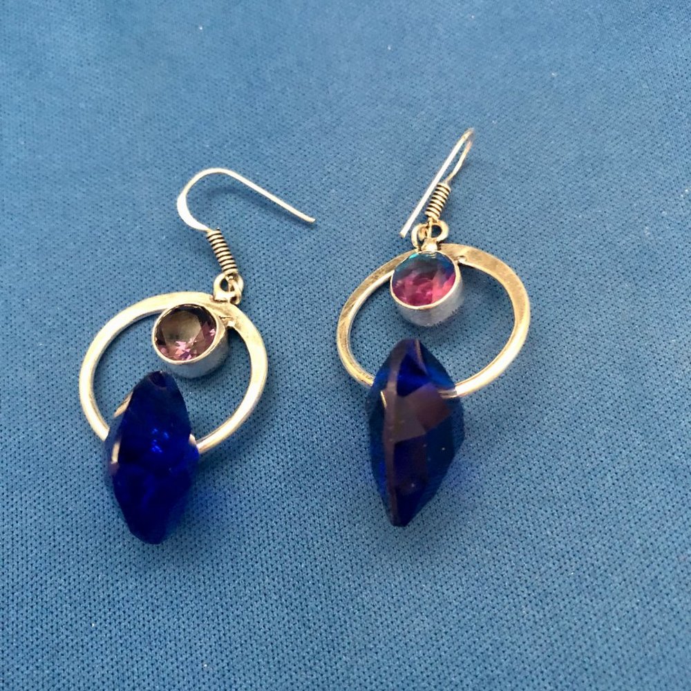 Handmade Real Tanzanite Bi-Color Tourmaline Gemstones Earrings Size 2.2" - Picture 2 of 3
